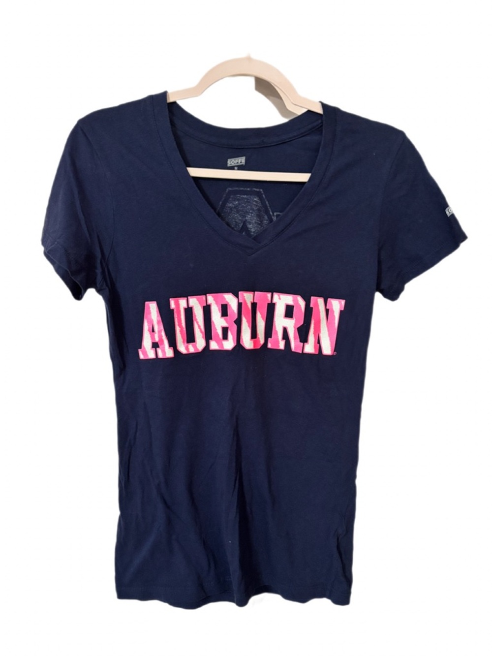 Soffe Navy Short Sleeve V‑Neck Tee with Pink Auburn Appliqué